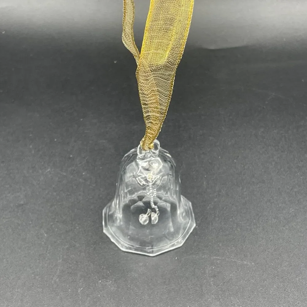 Vintage Clear Faceted Glass Crystal Christmas Bell Ornament Gold Hanging Ribbon